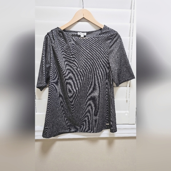 Calvin Klein Silver Black Sparkle Short Sleeve Blouse Top size L - Picture 7 of 7